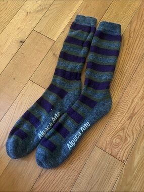 Alpaca Arte Striped Crew Socks in Gray, Purple & Green